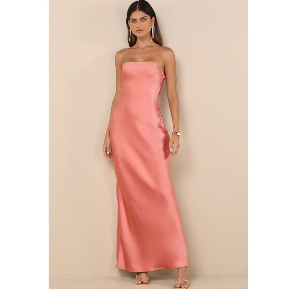 Lulus Elliette Peach Pink Satin Strapless Cowl Back Maxi Dress Size M